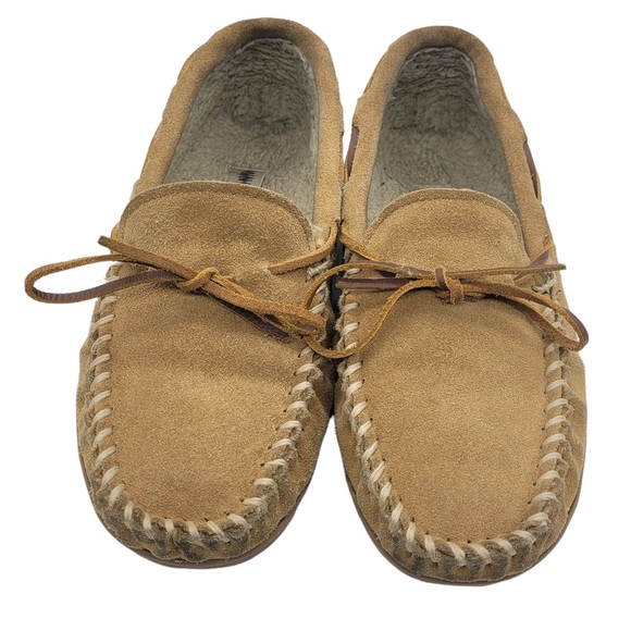 Minnetonka Pile Lined Faux Fur Suede Hard Sole Moccasin Slippers Tan Men’s 8M - Picture 3 of 9